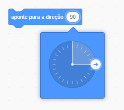 Captura de tela Scratch. Nela há o bloco de movimento aponte para a direção 90, e uma seta indicando lado direito.