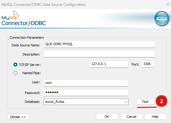 A imagem exibe a interface do MySQL Connector/ODBC Data Source Configuration. No campo Data Source Name, está preenchido com QLIK ODBC MYSQL. A opção de conexão TCP/IP Server está selecionada, utilizando o endereço 127.0.0.1 e a porta 3306. O usuário informado é root, e há um campo de senha preenchido com caracteres ocultos. No campo Database, está selecionado sucos_frutas. No canto direito, há um botão Test, destacado com um indicador numérico (2)