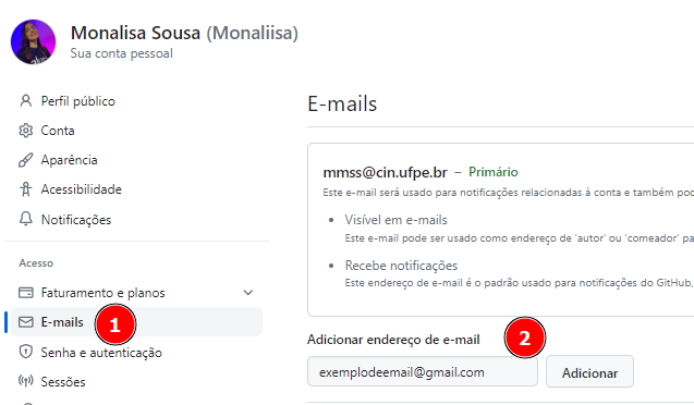 captura de tela da configuração de email no github. Há um numeral1, ao lado da opção e-mails, e o numeral 2 ao lado de Adicionar endereço de email