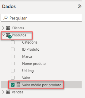 Captura de tela da aba Dados no Power Bi, está destacado em vermelho a tabela Produtos, e amedida valor médio por produto