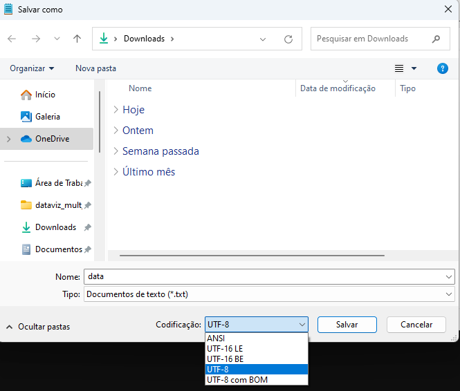 Janela de 'Salvar como' no Windows, mostrando uma lista suspensa com diferentes opções de codificação de texto, como ANSI, UTF-16 LE, UTF-16 BE, UTF-8 e UTF-8 com BOM.