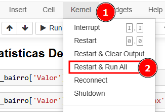 Menu "Kernel" aberto em um notebook Jupyter com as opções de controle do kernel. O item "Kernel" (1) no menu superior está selecionado, e a opção "Restart & Run All" (2) está destacada.
