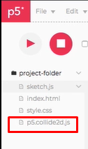 Captura de tela do p5. Há uma imagem indicando uma pasta com o nome project folder. Abaixo há arquivos, entre eles. “Sketch.js1’, “index.js’, “style.css” e “p5.collide2d.js”. Este ultimo destacado em vermelho.