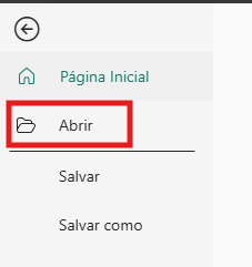 Menu lateral da aba **Arquivo**, mostrando opções como **Página Inicial**, **Abrir**, **Salvar** e **Salvar como**. A opção **"Abrir"** está destacada com um contorno vermelho, indicando onde o usuário deve clicar.
