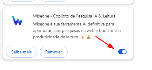 Captura de tela mostrando a página de gerenciamento de extensões, com a extensão Wiseone destacada e marcada como ativa