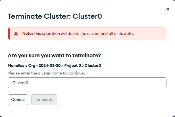 Imagem da interface do MongoDB Atlas exibindo a tela de confirmação para excluir o cluster 'Cluster0'. Há um aviso em destaque com um ícone de alerta informando: 'This operation will delete the cluster and all of its data.' Abaixo, há um campo de texto onde o usuário deve digitar o nome do cluster para confirmar a exclusão. Os botões 'Cancel' e 'Terminate' estão disponíveis, mas o botão 'Terminate' está desativado.