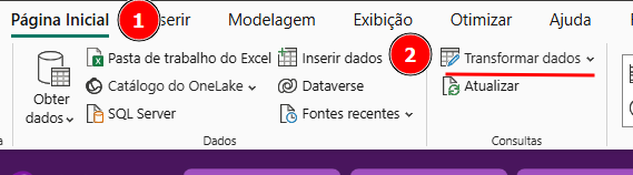 A imagem exibe a interface do Microsoft Power BI na guia "Página Inicial". O primeiro destaque numérico (1) indica a aba "Página Inicial" no menu superior. O segundo destaque (2) aponta para a opção "Transformar dados"