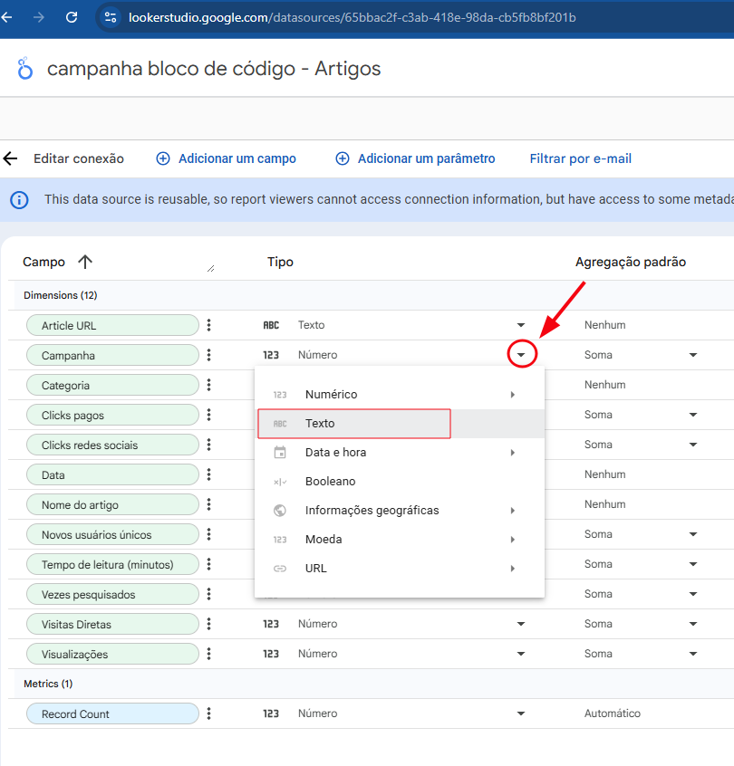 Tela do Google Looker Studio na configuração de uma fonte de dados chamada “campanha bloco de código - Artigos”. A tabela exibe campos (dimensões e métricas) com seus tipos e agregações. Um menu suspenso está aberto na coluna “Tipo” para o campo “Campanha”, mostrando opções como Numérico, Texto (destacado), Data e hora, Booleano, entre outros. Uma seta vermelha aponta para o seletor do tipo de dado, indicando a alteração para “Texto”.