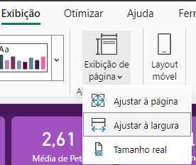 Captura de tela do botão exibição. Há um botão "Exibição da página" e um menu suspenso com as opções Ajustar a página, ajustar a largura, e tamanho real.