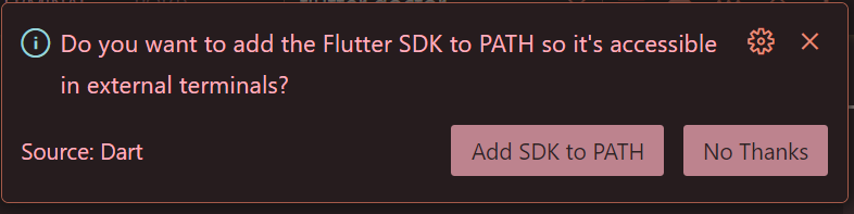 captura de tela com a mensadem do you want to add the flutter sdk to path