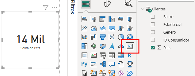  Visual no Power BI mostrando um cartão com o valor "14 Mil" e a legenda "Soma de Pets", indicando a soma do campo numérico "Pets". À direita, na seção "Visualizações", está selecionado o ícone do cartão (representado pelo número "123" em uma moldura). No painel de campos, a tabela "Clientes" está expandida, com o campo "Pets" selecionado e identificado com o ícone de somatório (∑), confirmando que o valor exibido representa uma agregação numérica desse campo.
