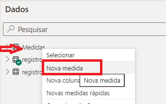 Captura de tela do power bi. Nele na aba Dados, há tres tabelas: Medidas, registro_livros_marketing e registro_notas_logistica. Sobre a tabela Medidas, há um menu sobreposto. Nele está destacado a opção "Nova Medida" 