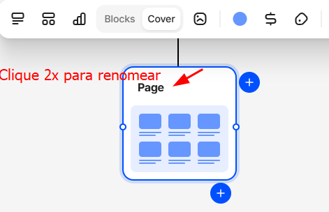 Página selecionada com modelo de capa no estilo 'catalog'. O texto 'Page' está destacado com uma seta e a instrução 'Clique 2x para renomear', indicando onde alterar o nome da página.