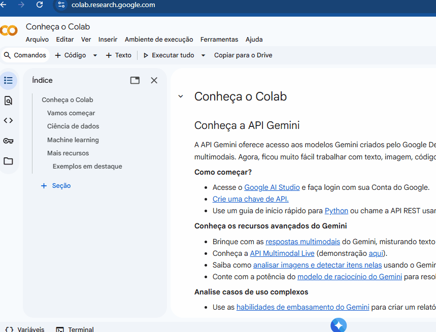 Gif demonstrando o processo de upload no Google Colab: o mouse clica em Arquivo, depois em Fazer upload de notebook, em seguida em Procurar. O explorador de arquivos do Windows é aberto, o arquivo aula_5.ipynb é selecionado e o notebook é carregado no ambiente do Colab.