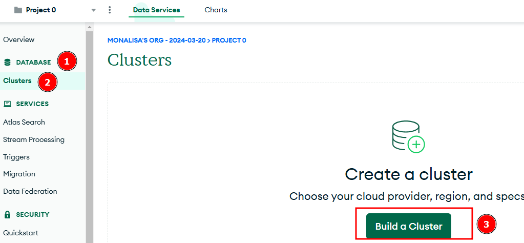 Imagem da interface do MongoDB Atlas na seção de criação de um cluster. O menu lateral esquerdo destaca as opções "DATABASE" e "Clusters" com círculos vermelhos e números indicando a sequência. No centro da tela, o título "Create a Cluster" é exibido, acompanhado das instruções para escolher provedor de nuvem, região e especificações. Um botão verde "Build a Cluster" está destacado.