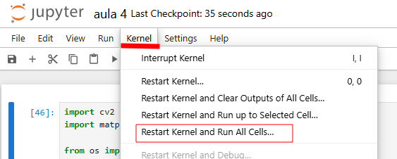 Captura de tela do Jupyter Notebook com o menu “Kernel” aberto. Entre as opções exibidas estão “Restart Kernel...”, “Restart Kernel and Clear Outputs of All Cells...”, “Restart Kernel and Run up to Selected Cell...” e a opção destacada em vermelho “Restart Kernel and Run All Cells…”.