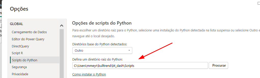 Descrição da imagem: terminal com o diretório apontando para a pasta bt\_dash