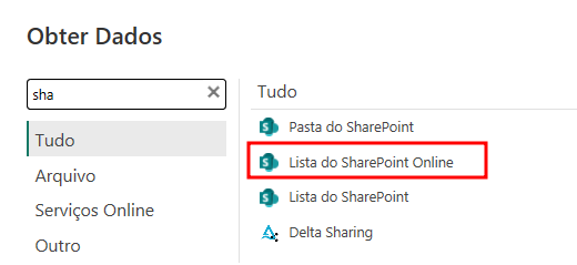 captura de tela do Obter Dados Power Bi, está destacado em vermelho a opção Lista de Sharepoint Online