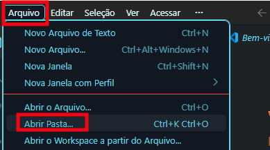 Menu superior do VS Code com a aba “Arquivo” aberta, mostrando opções como “Abrir Arquivo...” e “Abrir Pasta...”, sendo esta última destacada indicando o caminho para selecionar uma pasta no sistema.