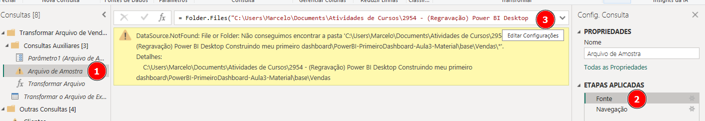 Captura de tela do Power Query. Na aba esquerda em consultas auxiliares, há uma opção "Arquivos de amostra", ele está destacado em vermelho com o numeral 1. Na aba direita em "Etapas aplicadas' na opção fonte está destacado em vermelho o numeral 2. E por fim, no campo da fórmula na parte superior da tela há uma propriedade Folder.files, está destacada com numeral 3