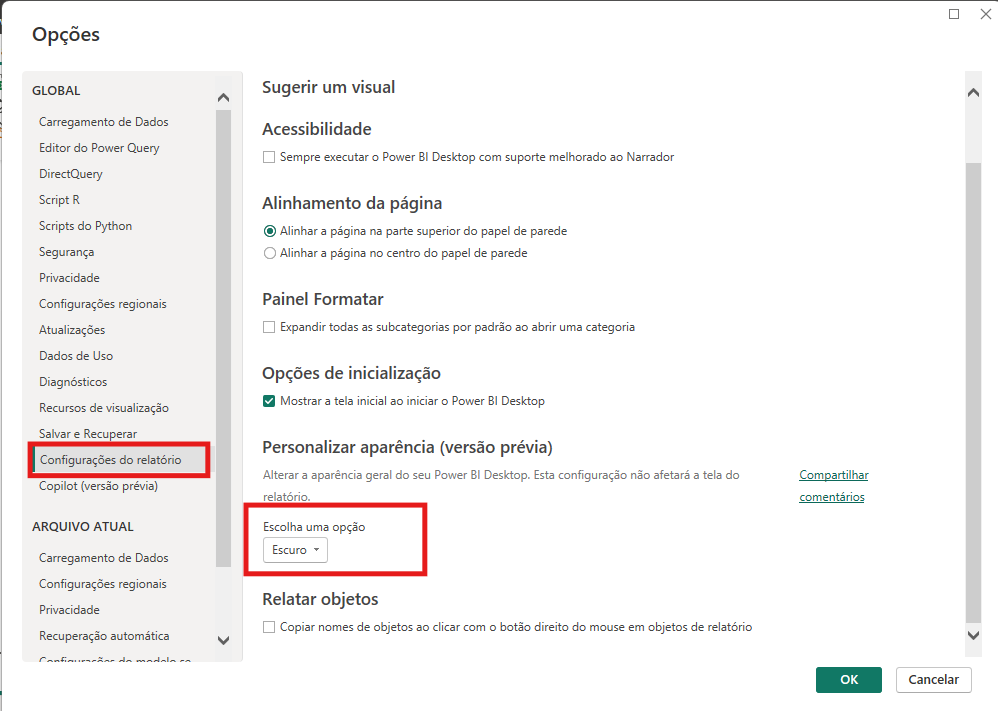 Captura de tela da janela de Opções do Power BI Desktop em português. No menu lateral esquerdo, a seção "Configurações do relatório" está selecionada. No painel principal, sob o título "Personalizar aparência", o tema "Escuro" está selecionado em um menu suspenso, destacando como alterar o Power BI para o Modo Escuro.