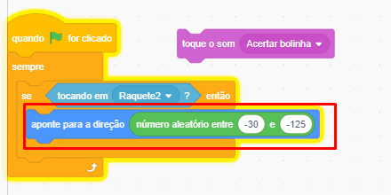 Captura de imagem do jogo Pong no Scratch mostrando quando a bandeira verde que inicia o jogo for clicada, sempre, se tocando em raquete 2 então, acrescente aponte para a direção e número aleatório entre -30 e -125, este bloco está destacado em vermelho