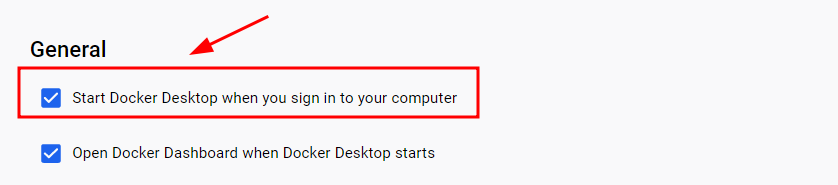 captura de tela da configuração general está selecionado a caixa Start Docker Desktop when you sign in to your computer 