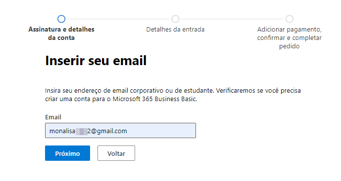 Tela de verificação para criação de conta Microsoft 365 Business