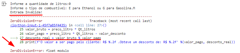 captura de tela da saída utilizando quantidade de litros 0 e combustivel com letra M. Há o erro ZeroDivision Error