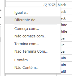 ICaptura de tela do menu suspenso. Está selecioando a opção "Diferente de.."