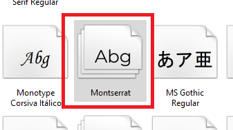Captura de tela das fontes na pasta Fonts, com a Montserrat destacada em vermelho