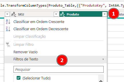 Captura de tela da coluna produtos de uma planilha no power query. Há um numeral 1, ao lado da seta apontando para baixo. O numeral 2 ao lado de Filtro de texto