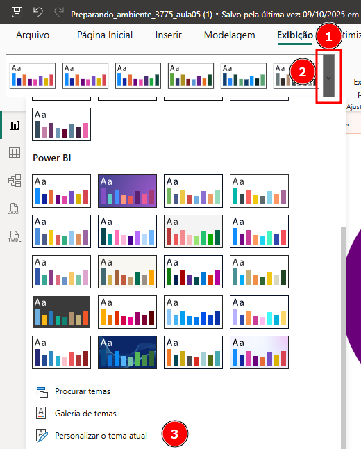 Captura de tela do Power BI mostrando a guia Exibição selecionada na parte superior, com uma seta indicando o menu de temas aberto e várias miniaturas coloridas exibidas. Os números destacam as etapas: 1 para a guia Exibição, 2 para a seta que expande os temas e 3 para a opção Personalizar o tema atual na parte inferior do menu.