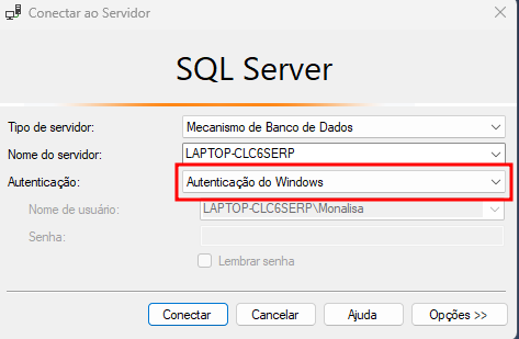 janela conectar ao servidor sql server. Na opção autenticação há opção Autenticação Windows