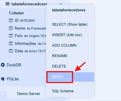 Menu de contexto da tabela tabelafornecedores no SQLite Online, mostrando opções como SELECT, INSERT, ADD COLUMN, RENAME, DELETE e DROP. A opção DROP está indicada por uma seta vermelha