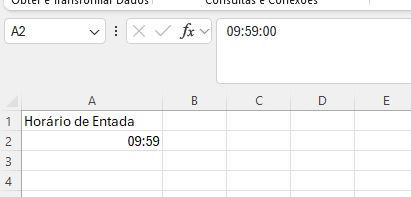 Planilha do Excel exibindo a coluna “Horário de Entrada”, com a célula A2 mostrando o valor 09:59. Na barra de fórmulas, o mesmo valor aparece como 09:59:00, indicando a presença dos segundos mesmo não sendo exibidos na célula.