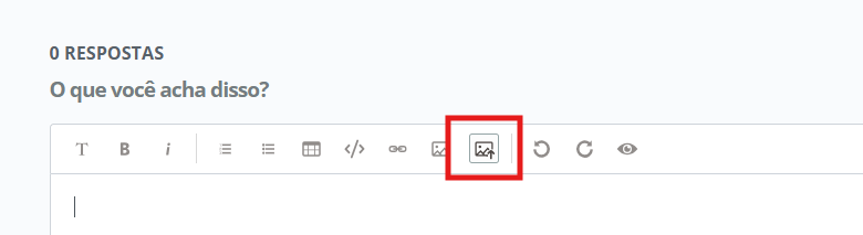 Ícone de imagem destacado em vermelho na barra de ferramentas do editor do fórum, indicando a opção de inserir imagem na mensagem.