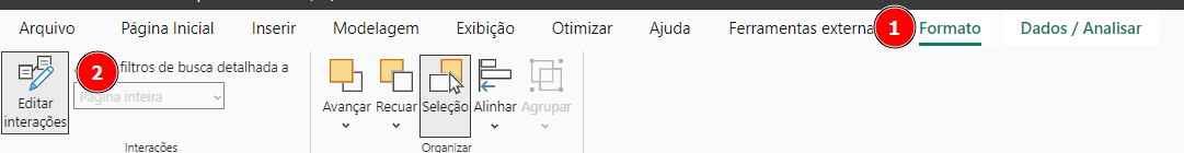 Captura de tela do Power BI. Na barra de ferramentas superior, a aba "Formato" (indicada com o número 1 em vermelho). Na seção "Interações", está visível a opção "Editar interações" (marcada com o número 2 em vermelho), acompanhada de um ícone de lápis