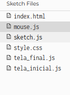 Print da tela, com os arquivos: index.html, mouse.js, sketch.js, style.css, tela_inicial.js, tela_final.js