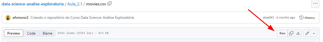 Captura de tela do repositório GitHub "data-science-analise-exploratoria" mostrando o arquivo "movies.csv" na pasta "Aula_2.1". Há uma barra com opções de "Preview", "Code" e "Blame". Uma seta vermelha aponta para o botão "Raw", localizado à direita das opções de visualização.