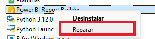 captura de tela do painel de controle, O progrma Power BI Report Builder, está selecionado, há um menu lateral com as opções desinstalar e reparar. Está destacado em vermelho o reparar 