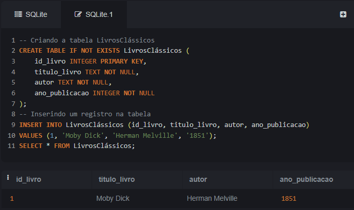 Interface de banco de dados SQLiteOnline com um código SQL e seu resultado. No código, é criada uma tabela chamada "LivrosClássicos" com as colunas "id_livro" (inteiro e chave primária), "titulo_livro" (texto obrigatório), "autor" (texto obrigatório) e "ano_publicacao" (inteiro obrigatório). Em seguida, um registro é inserido na tabela com os valores: id_livro = 1, titulo_livro = "Moby Dick", autor = "Herman Melville" e ano_publicacao = 1851. Por fim, uma consulta exibe todos os registros da tabela. Na seção de resultados, aparece uma linha com os dados inseridos, mostrando o livro "Moby Dick" de "Herman Melville" publicado em 1851 com id 1.