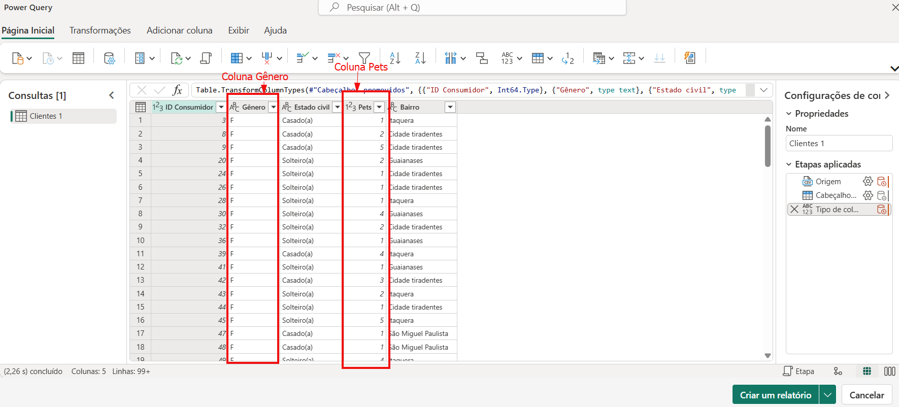 Captura de tela da interface do Power Query destacando duas colunas na tabela de dados "Clientes 1". A imagem exibe a barra de menus no topo e o painel lateral direito de "Configurações de consulta" com as etapas aplicadas. No centro, a tabela possui cinco colunas: "ID Consumidor", "Gênero", "Estado civil", "Pets" e "Bairro". Há dois destaques em retângulos vermelhos com setas indicativas: a "Coluna Gênero", apontada no topo e contornada em vermelho exibindo valores do tipo texto ("F"), e a "Coluna Pets", também apontada no topo e contornada em vermelho exibindo valores numéricos de contagem de animais.