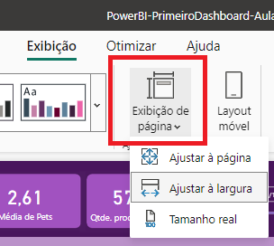 Captura de tela do Power Bi. Nele mostra três opções no menu principal: Exibição, Otimizar e Ajuda. Está selecionado a opção Exibição e está destacado em vermelho a opção "Exibição de página"