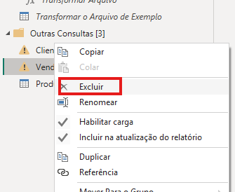 Menu de contexto do Power Query aberto sobre uma consulta, com a opção “Excluir” destacada em vermelho.