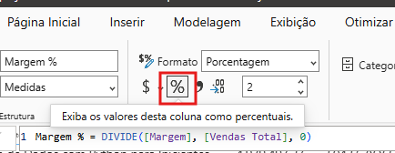 Captura de tela do Power BI na aba “Modelagem”, mostrando a opção de formato “Porcentagem” selecionada. O botão com o símbolo de porcentagem (%) está destacado por um retângulo vermelho, indicando onde clicar para exibir os valores da coluna em formato percentual.