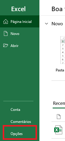 Captura de tela do Excel.Há um menu lateral esquerdo, com as opções Pagina Inicial, Novo, Abrir, Conta, Comentários e Opções. Está destacado em vermelho a opção Opções.