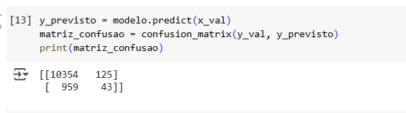 Código exibindo a criação de uma matriz de confusão com a função confusion_matrix, onde os valores resultantes são: 10354 verdadeiros negativos, 125 falsos positivos, 959 falsos negativos e 43 verdadeiros positivos.