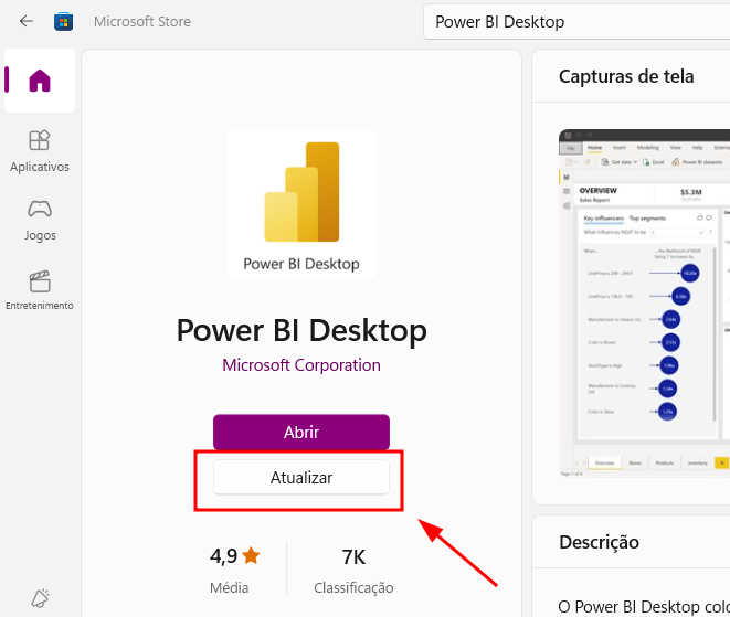 Captura de tela do aplicativo Power bi Desktop na Microsoft Store. Há dois botões, abrir e atualizar, este último destacado em vermelho com a seta apontando