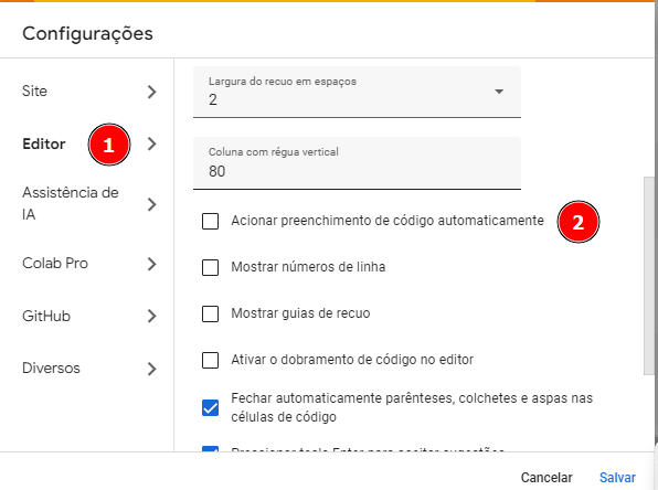 captura de tela da ferramenta Colab nas configurações do editor. Está desmarcado a opção Adicionar preenchimento de código automaticamen 